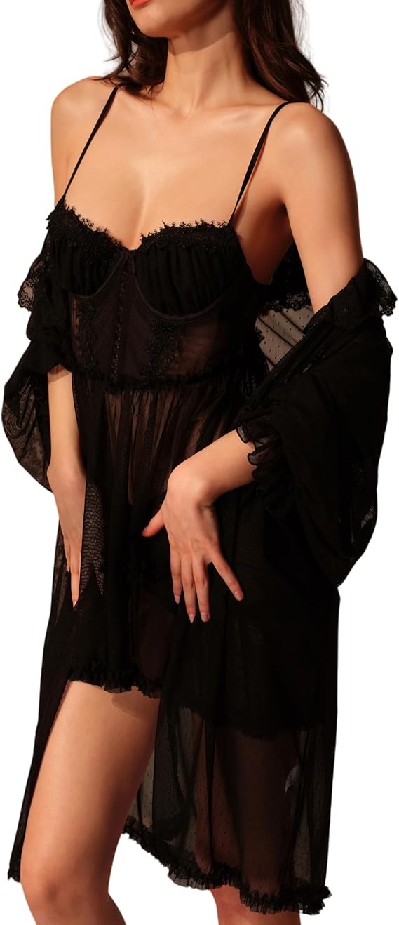 OSUGA Women Sexy Lace Lingerie Set 2 Piece Babydoll & Kimono Robe Strap Chemise Sleepwear Polka Dots Nightgown